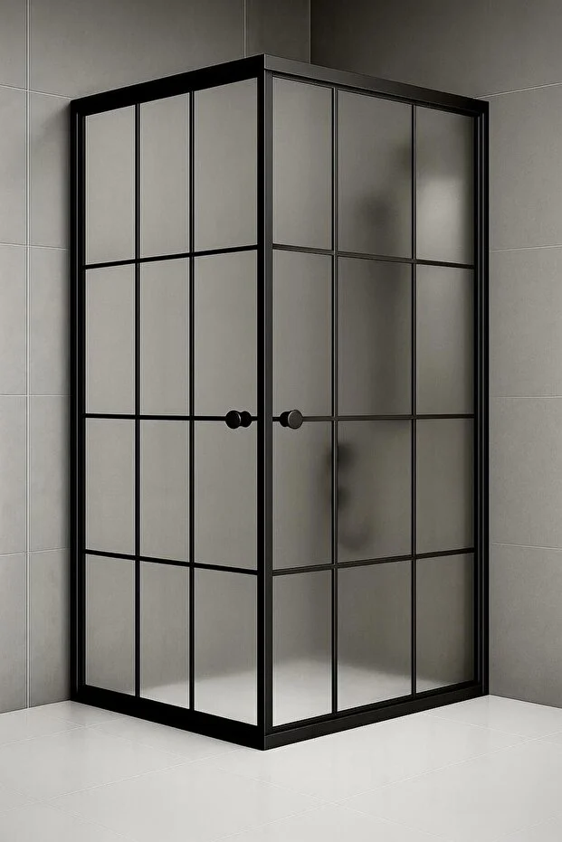 Duşakabin Kare Komple Buzlu Siyah Çizgi